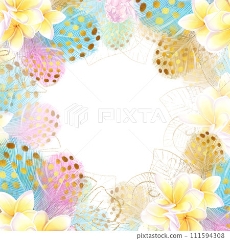 Square frame of tropical frangipania flowers and colorful feathers. Template for design. Romantic, exotic style Square frame of tropical frangipania flowers and colorful feathers. Template for design. Romantic, exotic style 111594308