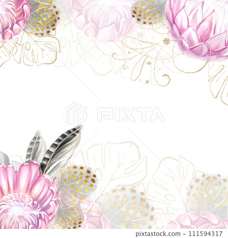Square frame, pattern of pink protea tropical flowers. Exotic, luxury design. watercolor drawing 111594317