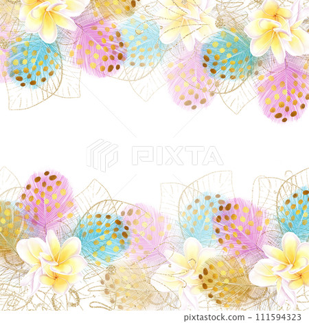 Frame border, banner watercolor tropical bouquet of white frangipania flowers and colorful feathers. Romantic, exotic, luxury design for invitation cards 111594323