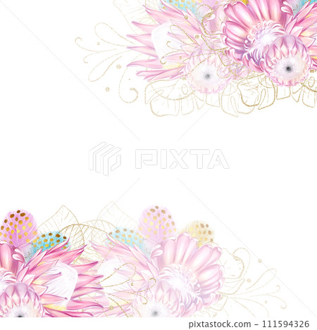 Watercolor tropical style invitation template with pink protea flowers and colorful feathers. Romantic, luxury style Watercolor tropical style invitation template with pink protea flowers and colorful feathers. Romantic, luxury style 111594326