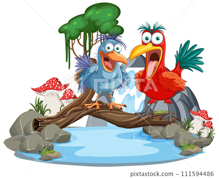Colorful Birds Chatting on a Branch 111594486