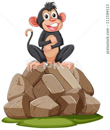 Cheerful Monkey Sitting on Rocks Cheerful Monkey Sitting on Rocks 111594513