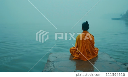 An old yogi was meditating on the bank of the Ganges River. It was quiet amidst the morning sunshine. Behind him is the view of Varanasi. It is a symbol of peace, tranquility and faith in Hinduism. An old yogi was meditating on the bank of the Ganges River. It was quiet amidst the morning sunshine. Behind him is the view of Varanasi. It is a symbol of peace, tranquility and faith in Hinduism. 111594610