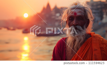 An old yogi was meditating on the bank of the Ganges River. It was quiet amidst the morning sunshine. Behind him is the view of Varanasi. It is a symbol of peace, tranquility and faith in Hinduism. 111594623