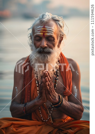 An old yogi was meditating on the bank of the Ganges River. It was quiet amidst the morning sunshine. Behind him is the view of Varanasi. It is a symbol of peace, tranquility and faith in Hinduism. An old yogi was meditating on the bank of the Ganges River. It was quiet amidst the morning sunshine. Behind him is the view of Varanasi. It is a symbol of peace, tranquility and faith in Hinduism. 111594626