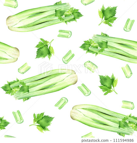 Watercolor seamless pattern with green vegetable celery and leaves. Hand drawn food illustration isolated on white background. For wrapping wallpaper fabric textile 111594986