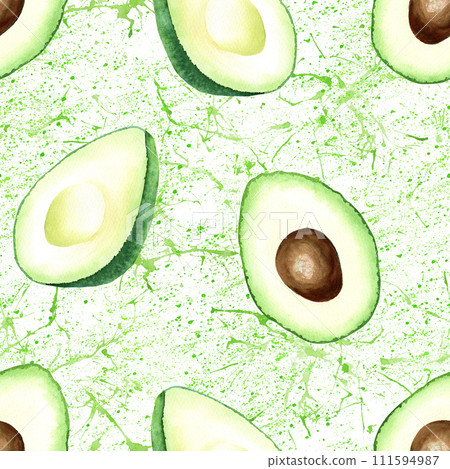 Watercolor seamless repeat pattern with green avocado and splashes. Hand drawn food illustration isolated on white background. For wrapping wallpaper fabric textile Watercolor seamless repeat pattern with green avocado and splashes. Hand drawn food illustration isolated on white background. For wrapping wallpaper fabric textile 111594987