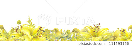 Lilies Yellow flower, calla lilies, craspedia seamless border isolated on white background. Watercolor hand drawn botanic illustration. Art design wedding invitation, greeting card, decoration graphic Lilies Yellow flower, calla lilies, craspedia seamless border isolated on white background. Watercolor hand drawn botanic illustration. Art design wedding invitation, greeting card, decoration graphic 111595166