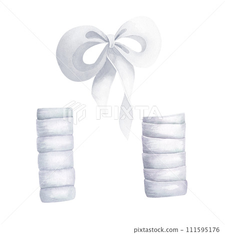 Set white silk ribbon bow isolated on white background. Watercolor hand drawn illustration. Art for design decoration, greeting card, poster 111595176