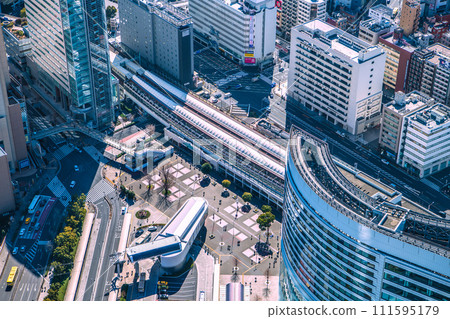 Yokohama cityscape in Japan The city of Yokohama. View of Sakuragicho Station and the station building on the Ropeway Sakuragicho side 111595179