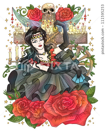 Fantasy engraved illustration with beautiful gypsy woman as witch or magician isolated on white background. Hand drawn colorful graphic art with ethnic concept as poster or card.  111595253