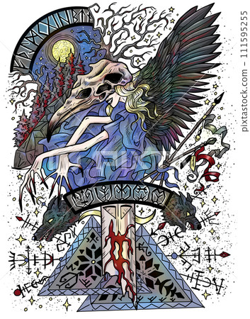 Fantasy engraved illustration with beautiful scandinavian woman as witch or magician isolated on white background. Hand drawn colorful graphic art with ethnic concept as poster or card.  111595255