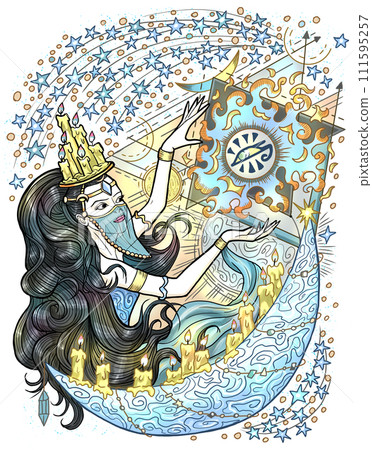 Fantasy engraved illustration with beautiful arabian woman as witch or magician isolated on white background. Hand drawn colorful graphic art with ethnic concept as poster or card.  111595257