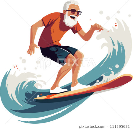 Vector flat style Illustration of an old man on surfboard, surfing waves, sporty retired retired old man, water sports, active lifestyle and body conscious fitness. 111595621