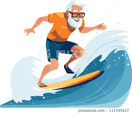 Vector flat style Illustration of an old man on surfboard, surfing waves, sporty retired retired old man, water sports, active lifestyle and body conscious fitness. 111595627