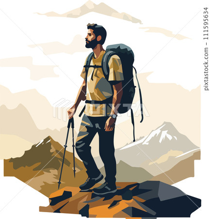 Hiker person hiking or trekking with backpack walking in mountain forest outdoor wilderness landscape, vector illustration in flat style. Hiker person hiking or trekking with backpack walking in mountain forest outdoor wilderness landscape, vector illustration in flat style. 111595634