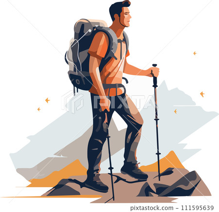 Hiker person hiking or trekking with backpack walking in mountain forest outdoor wilderness landscape, vector illustration in flat style. 111595639