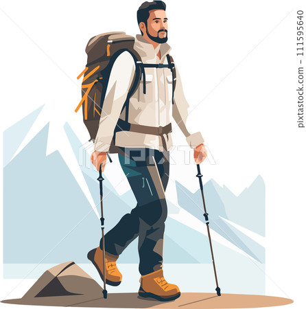 Hiker person hiking or trekking with backpack walking in mountain forest outdoor wilderness landscape, vector illustration in flat style. 111595640