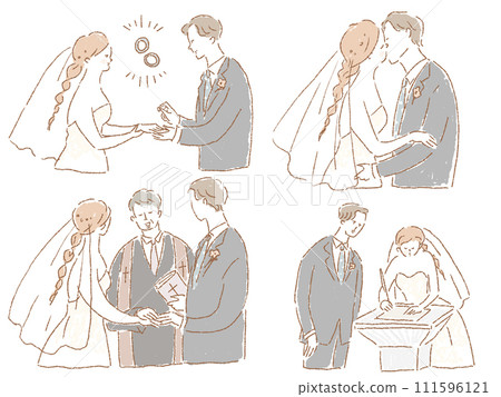 Bride and groom (exchanging rings, kissing vows, declaring marriage, signing marriage certificate) 111596121