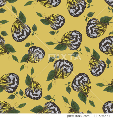 Seamless Pattern with Colorful Butterflies on Yellow Background. 111596367