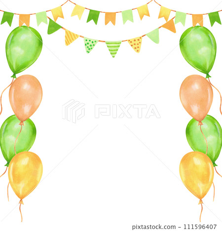 Square frame with balloons and garlands with space for text for St. Patrick's day or summer design etc.Watercolor and marker illustration.Hand drawn isolated banner.Background for party decoration. 111596407