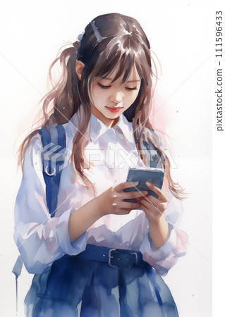 High school girl using a smartphone watercolor painting High school girl using a smartphone watercolor painting 111596433