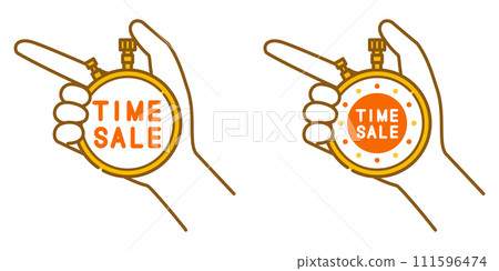 Time sale icon set holding a stopwatch in hand (pointing) Time sale icon set holding a stopwatch in hand (pointing) 111596474