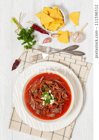 birria de res, mexican beef stew in pepper sauce 111596512