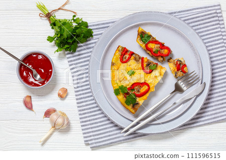 omelette with vegetables in a plate, top view omelette with vegetables in a plate, top view 111596515