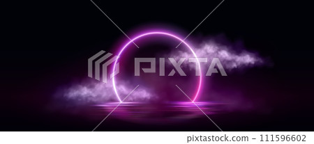 Neon circle frame on dark water background 111596602