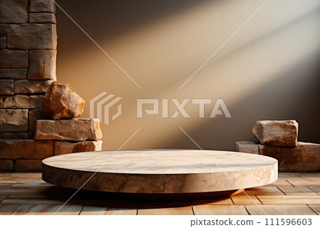 Cylindrical natural stone podium for demonstration and display of eco-friendly products 111596603