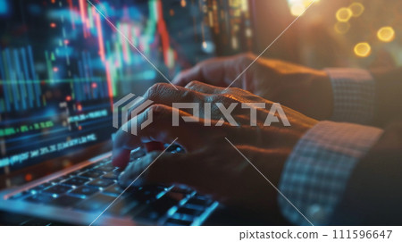 trader typing on laptop computer. blur stock market graphs background on screen 111596647