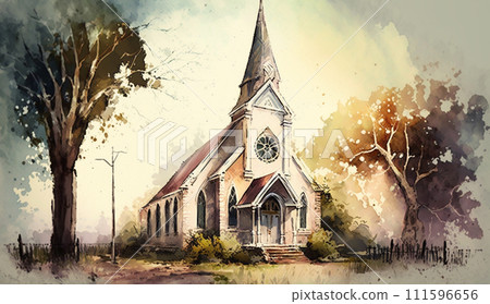 山上教堂的水彩畫 111596656