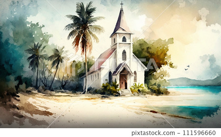 海邊建造的教堂水彩畫 海邊建造的教堂水彩畫 111596660