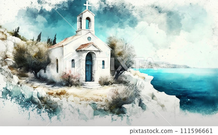 海邊建造的教堂水彩畫 海邊建造的教堂水彩畫 111596661