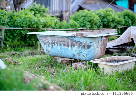 An old bathing tub is placed in the garden as a memento of a past life An old bathing tub is placed in the garden as a memento of a past life 111596696