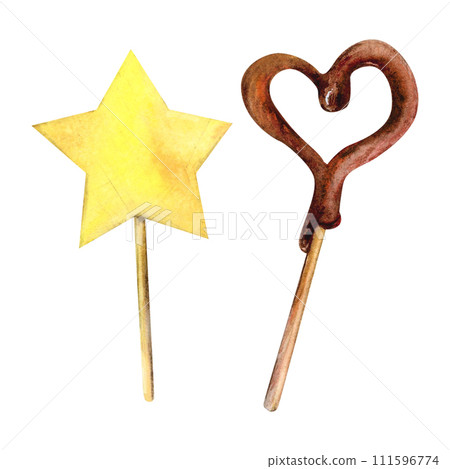 Candy star chocolate stick watercolor drawing set. Heart sweet suckers sugar pops treat. Confection drop lollipop bonbon tea. Sugar bakery tasty dessert decoration isolated white background aquarelle Candy star chocolate stick watercolor drawing set. Heart sweet suckers sugar pops treat. Confection drop lollipop bonbon tea. Sugar bakery tasty dessert decoration isolated white background aquarelle 111596774