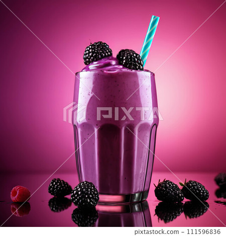 Delicious blackberry and raspberry milkshake with a straw Delicious blackberry and raspberry milkshake with a straw 111596836