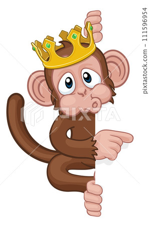 Monkey King Crown Cartoon Animal Pointing At Sign 111596954