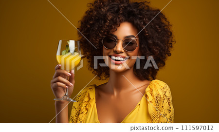 AI-generated content. A happy curly-haired woman in yellow, hold a yellow cocktail, on yellow background 111597012