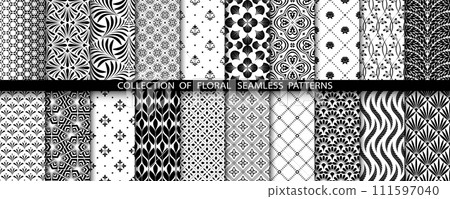 Geometric floral set of seamless patterns. White and black vector backgrounds. Damask graphic ornaments. 111597040