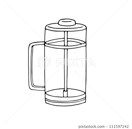 Tea teapot with press. Coffeemaker. Hand-Drawn Coffee Maker. French-Press in doodle style. Coffee preparation service concept. Sketch style vector illustration. 111597242