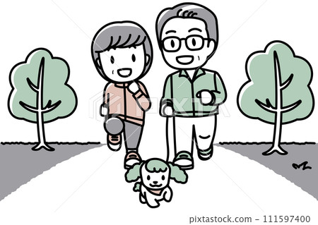 老夫婦和狗在公園散步 老夫婦和狗在公園散步 111597400