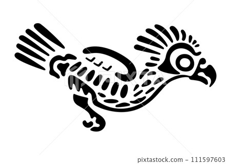 Eagle symbol of ancient Mexico. Decorative Aztec cylindrical stamp motif, showing an eagle, as it was found in Tenochtitlan, the historic center of Mexico City. Isolated black and white illustration. 111597603