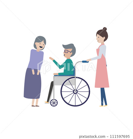 Smiling elderly couple, caregiver and wheelchair 111597695