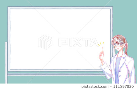 一位身穿白大褂的女士，食指舉在白板上 111597820
