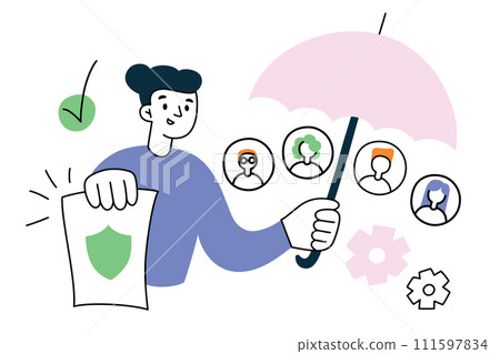 HR manager providing insurance, employees health care, flat composition with cartoon character holding umbrella, vector illustration of protecting company workers, job with corporate wellbeing HR manager providing insurance, employees health care, flat composition with cartoon character holding umbrella, vector illustration of protecting company workers, job with corporate wellbeing 111597834