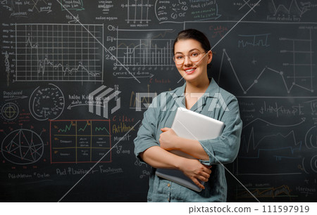 teacher on background of blackboard teacher on background of blackboard 111597919