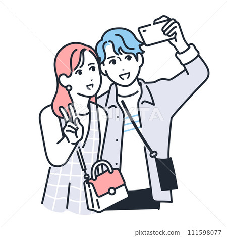 Simple vector illustration material of a couple taking a photo with a smartphone Simple vector illustration material of a couple taking a photo with a smartphone 111598077