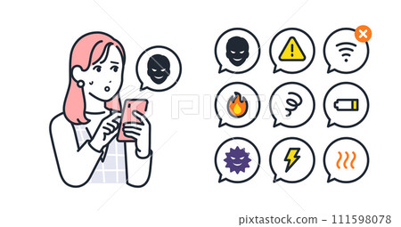 簡單的向量圖示插圖集智慧型手機故障和年輕女性的材料 111598078